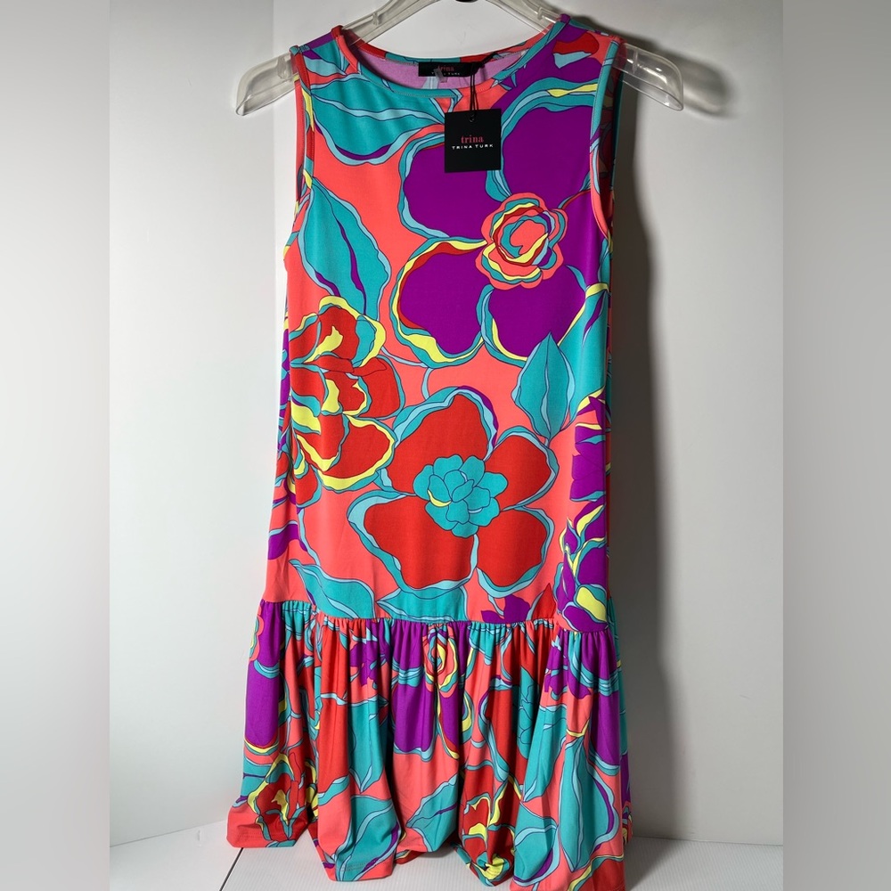 Trina Turk Bright and Easy Wrinkle -free Sleeveless Shift Dress w/Bottom Ruffle